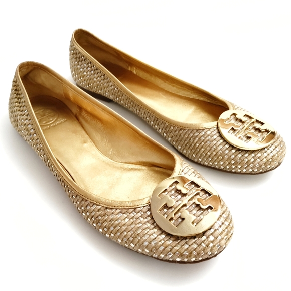 Tory Burch Shoes - Tory Burch Lurex Straw Reva Ballet Flats Shoes Taupe Gold Size 10.5